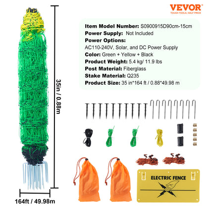 VEVOR Electric Fence Netting, 35 H X 164inch L, PE Net Fencing With Posts & Double-Spiked Stakes, Utility Portable Mesh For Goats, Sheep, Lambs, Deer, Hogs, Dogs, Used In Backyards, Farms, And Ranches