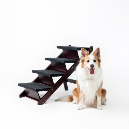 Wooden Dog Stairs Steps - Foldable 4 Levels Pet Stairs & Ramp Perfect For Beds And Cars - Portable Dog Cat Ladder Up To 110 Pounds