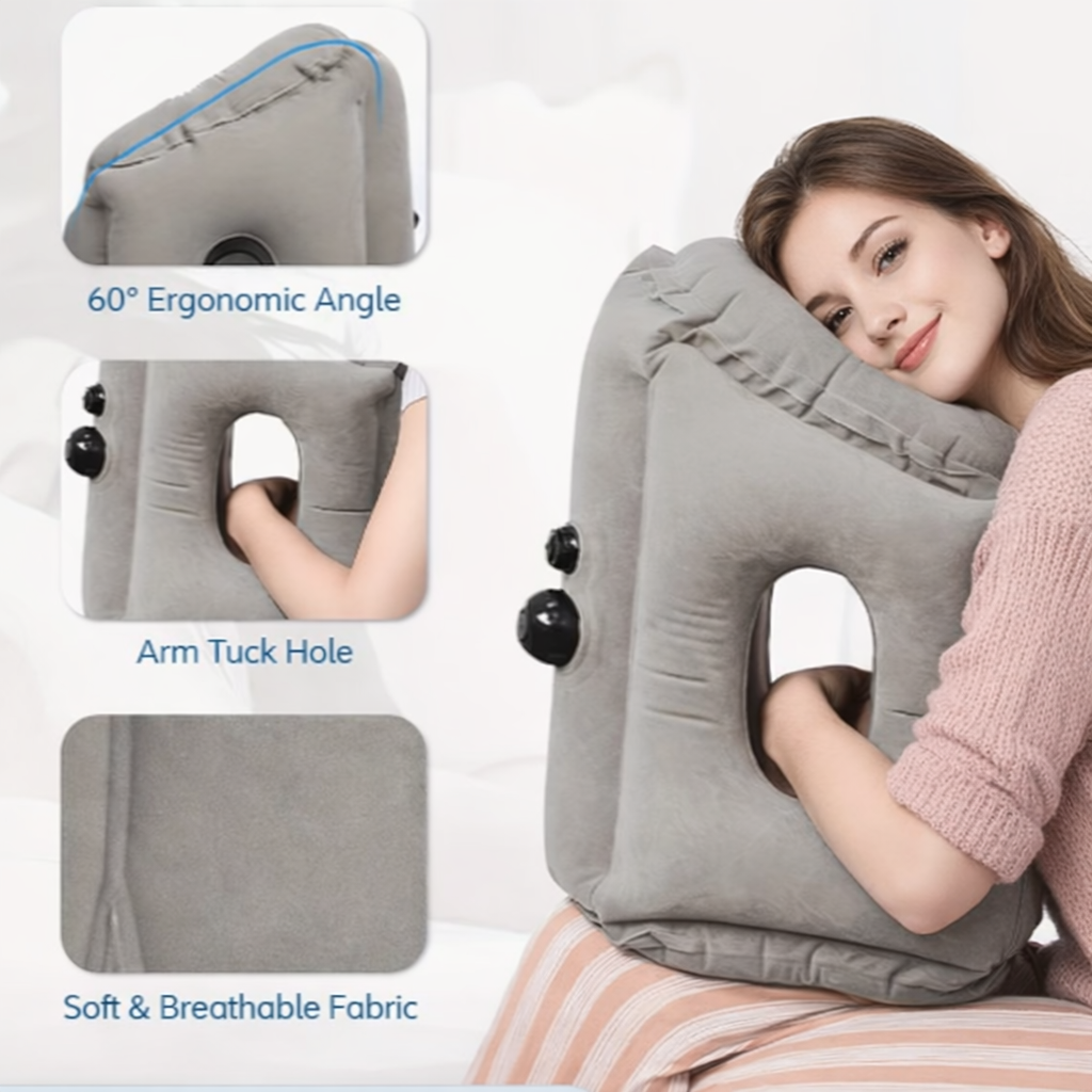 Nap Pillow - Comfortable Neck Support For Aviation, Train, Car And Office Use, Portable and Inflatable, Easy Nap Air Cushion, Soft Microfiber Cover, Gray
