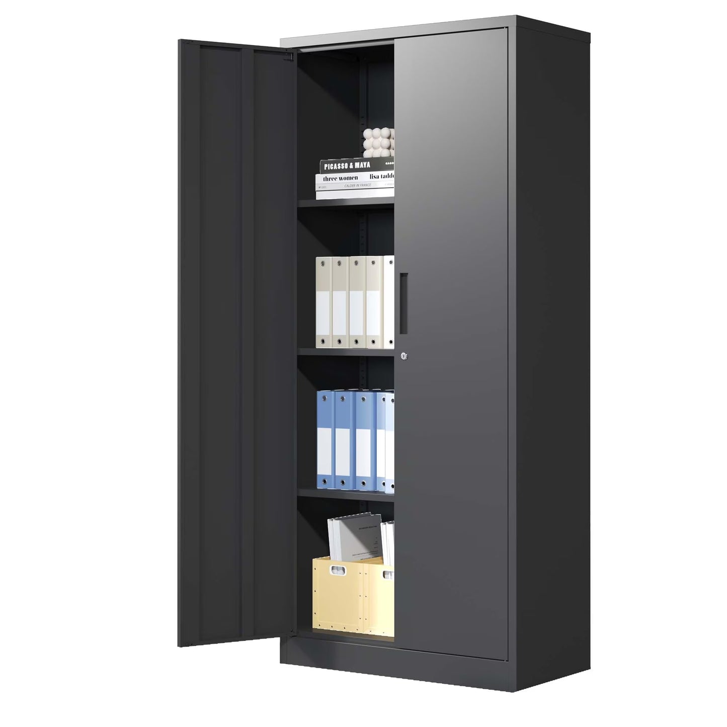 Metal Garage Storage Cabinet, Black Tool Steel Locking Cabinet With Doors And 3 Shelves