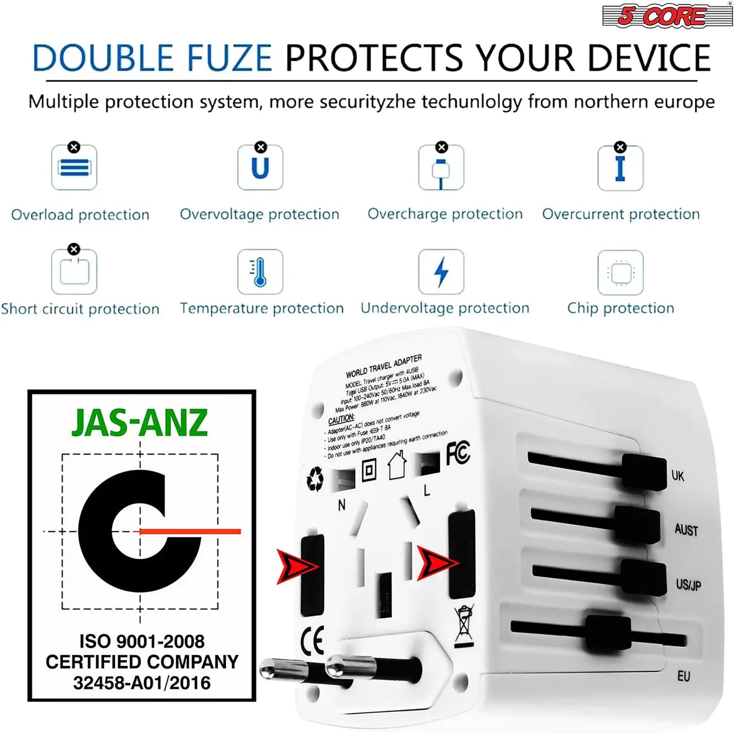 5Core Universal Travel Adapter International Power Adapters 3 Pack Multicharger Plug w 4 USB Ports - Anti Spier 