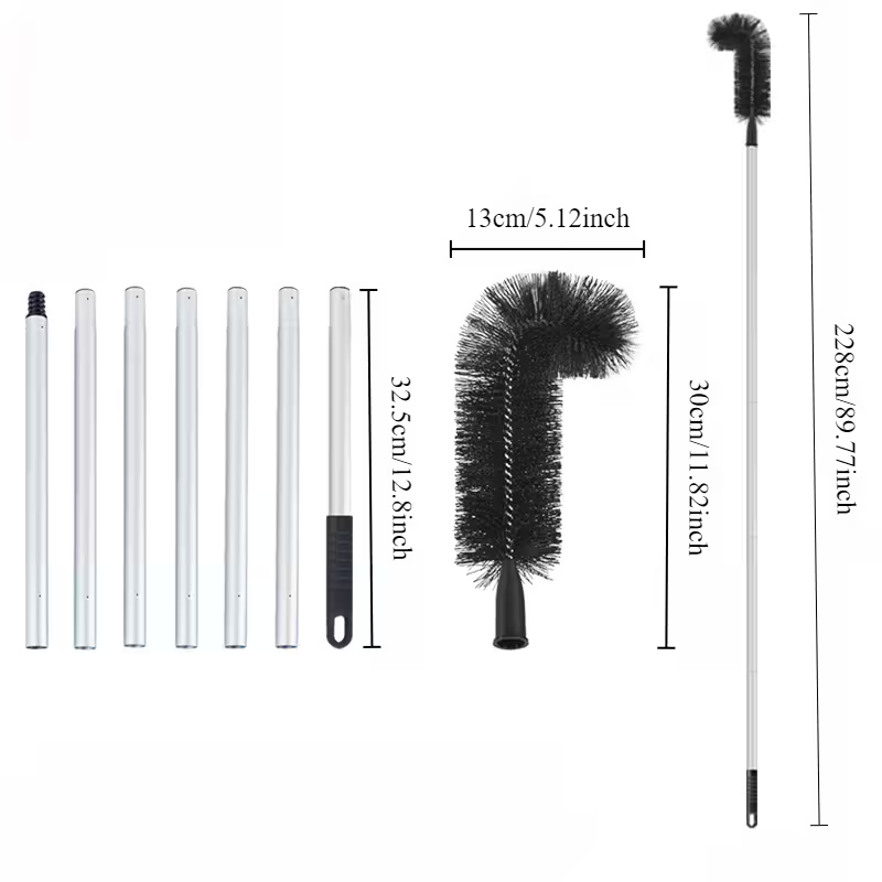 Extendable Gutter Cleaning Brush (89.8") - 7-Section Aluminum Pole, Curved Bristle Head for Roof & Yard Cleaning, Easy Reach Down to Zigzag Cleaning, No Electricity Needed, Garden Tool | Curved Brush | Durable Aluminum, Gutter Cleaning