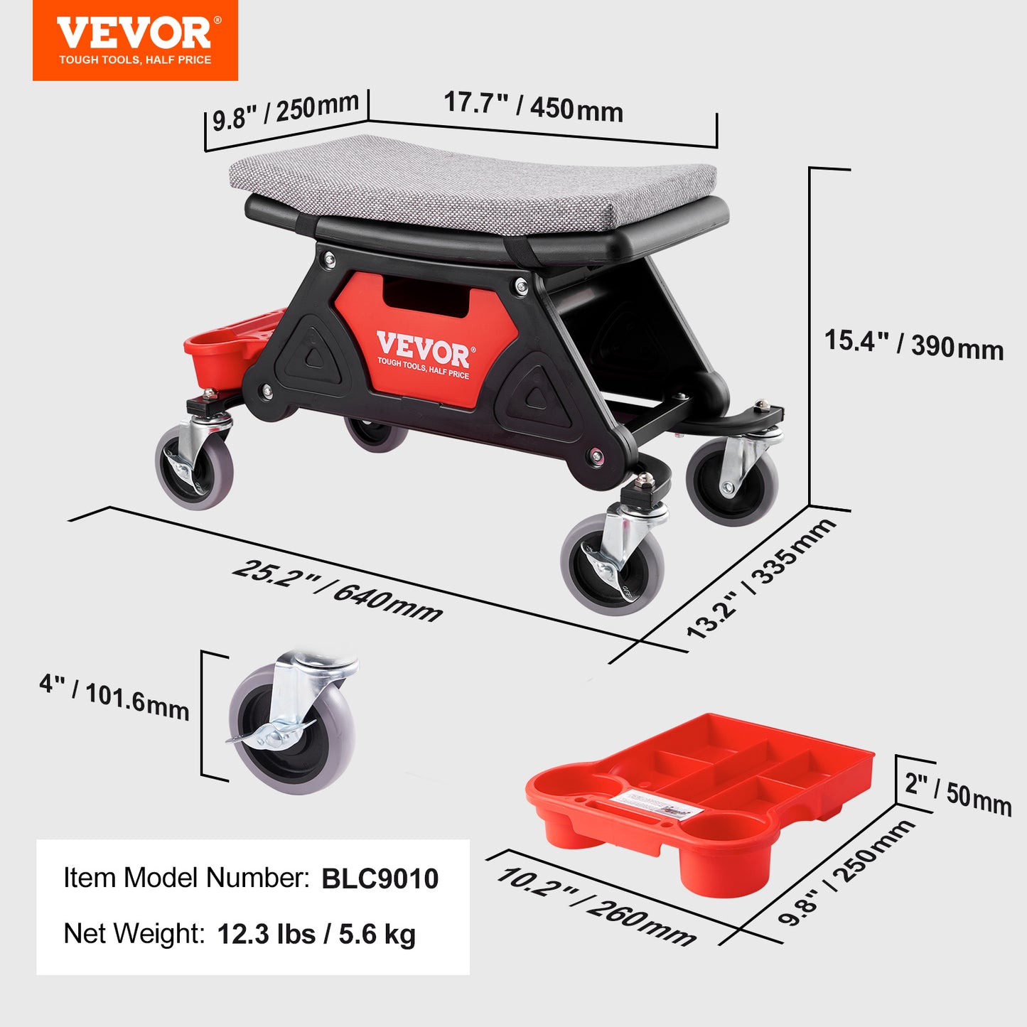 VEVOR Mechanics Stool, 300 LBS Capacity Rolling Mechanic Seat With Wheels, With Three Slide Out Tool Trays And Drawer, Heavy Duty Roller Creeper Seat For Home Garage DIY Automotive