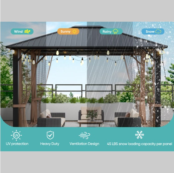 10x12 Hard-top Metal Gazebo, Heavy Duty Gazebo With Mosquito Net