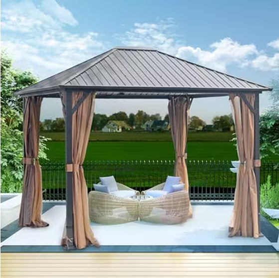 10x12 Hard-top Metal Gazebo, Heavy Duty Gazebo With Mosquito Net