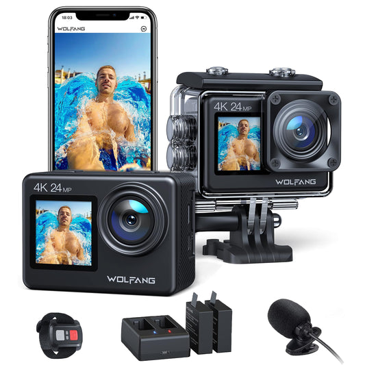 WOLFANG GA200 24MP 4K Action Camera 40M Waterproof Underwater Camera for Snorkeling EIS WiFi Adjustable Wide Angle Dual Screen Camera for Vlog Webcam(Charger Remote Control and Helmet Accessories)