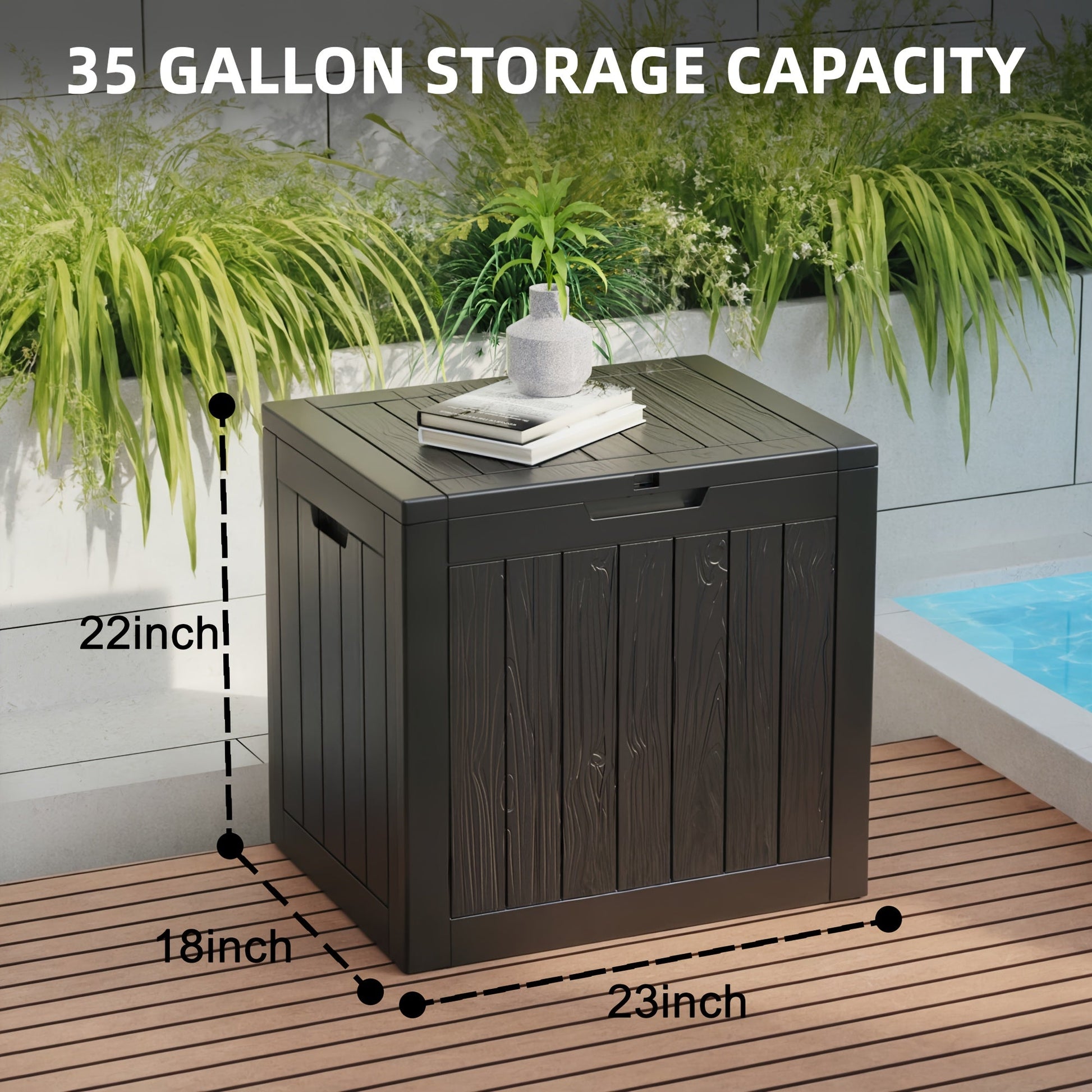 35 Gallon Outdoor Resin Storage Box – Black/Wood Grain by DailySale