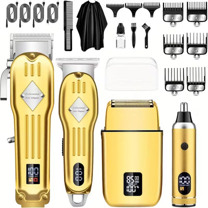 Men's Professional Hair Clipper Combo Set - Foil Shaver, Detail Trimmer, Adjustable Blades - USB Rechargeable, LCD Display, Complete Accessories for Home/Barbershop