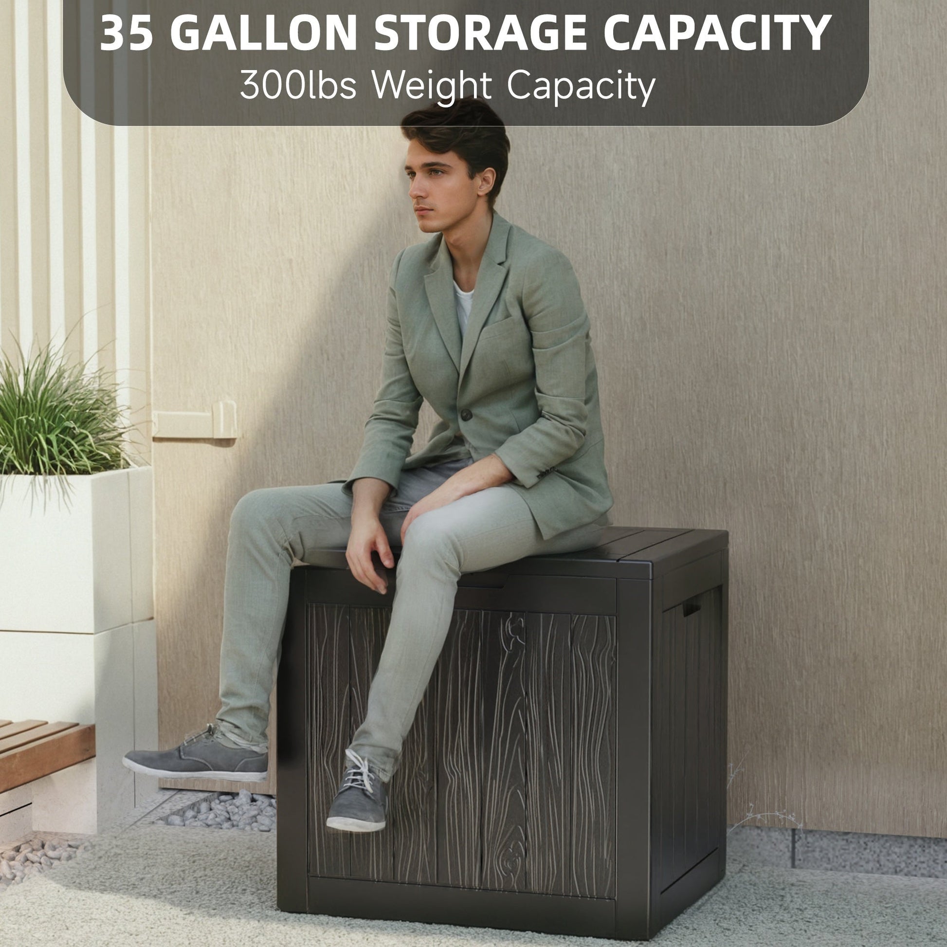 35 Gallon Outdoor Resin Storage Box – Black/Wood Grain by DailySale