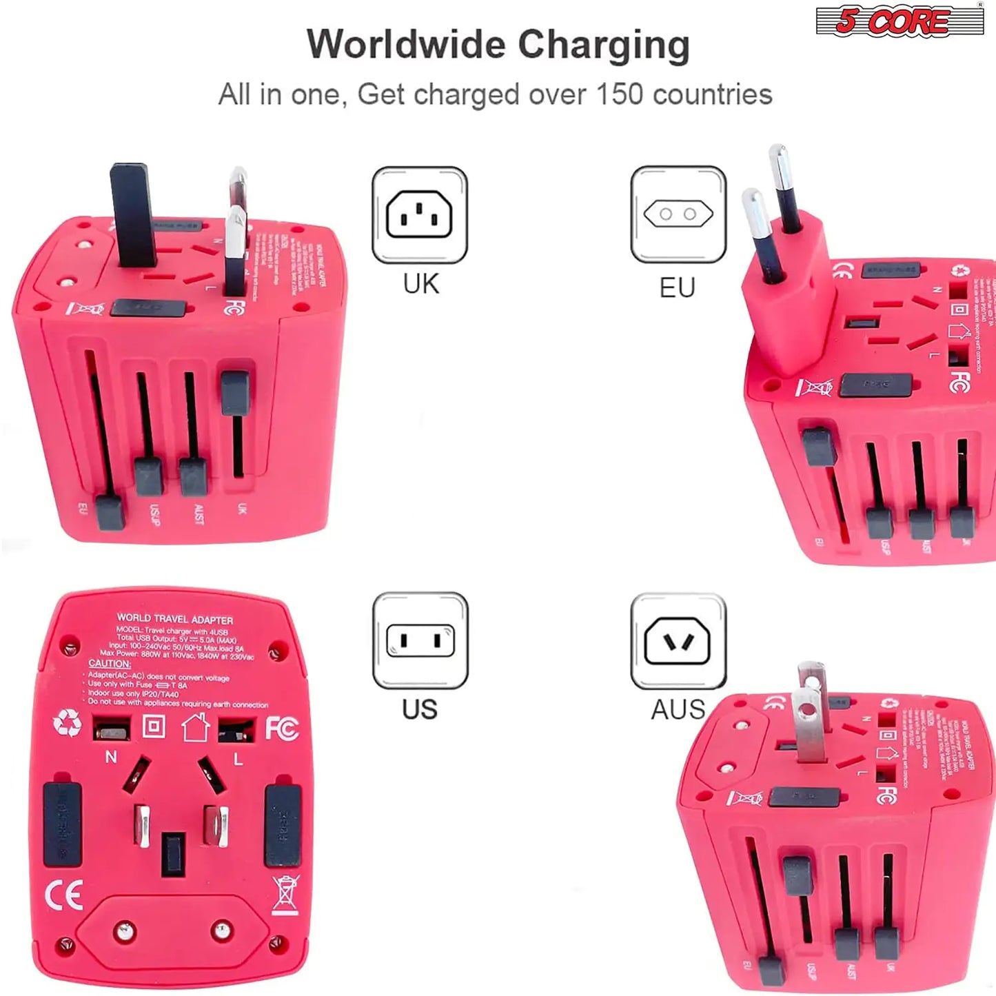 5Core Universal Travel Adapter International Power Adapters 3 Pack Multicharger Plug w 4 USB Ports - Anti Spier 