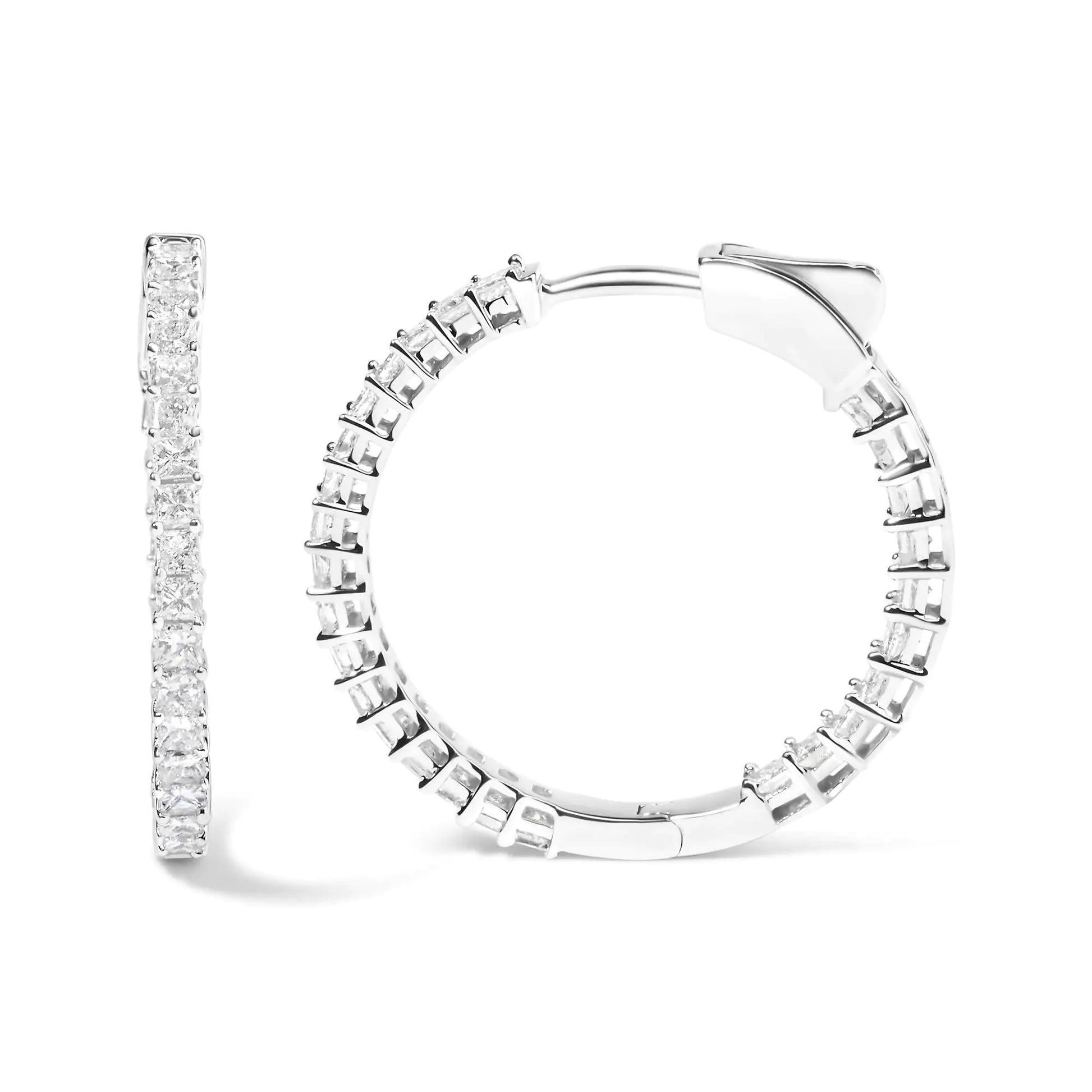 14K White Gold Natural Princess Cut Diamond Inside Out Hoop Earrings (G-H Color, SI2-I1 Clarity) - Anti Spier 