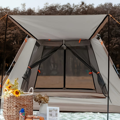 3-4 Person Family Camping Tent with Canopy - Quick Setup, Windproof, All-Season Design with Mosquito Netting & UV Protection, Durable Oxford Fabric, Beige Multi-Band Sunshade, Ideal for Outdoor Advent by Dropsure