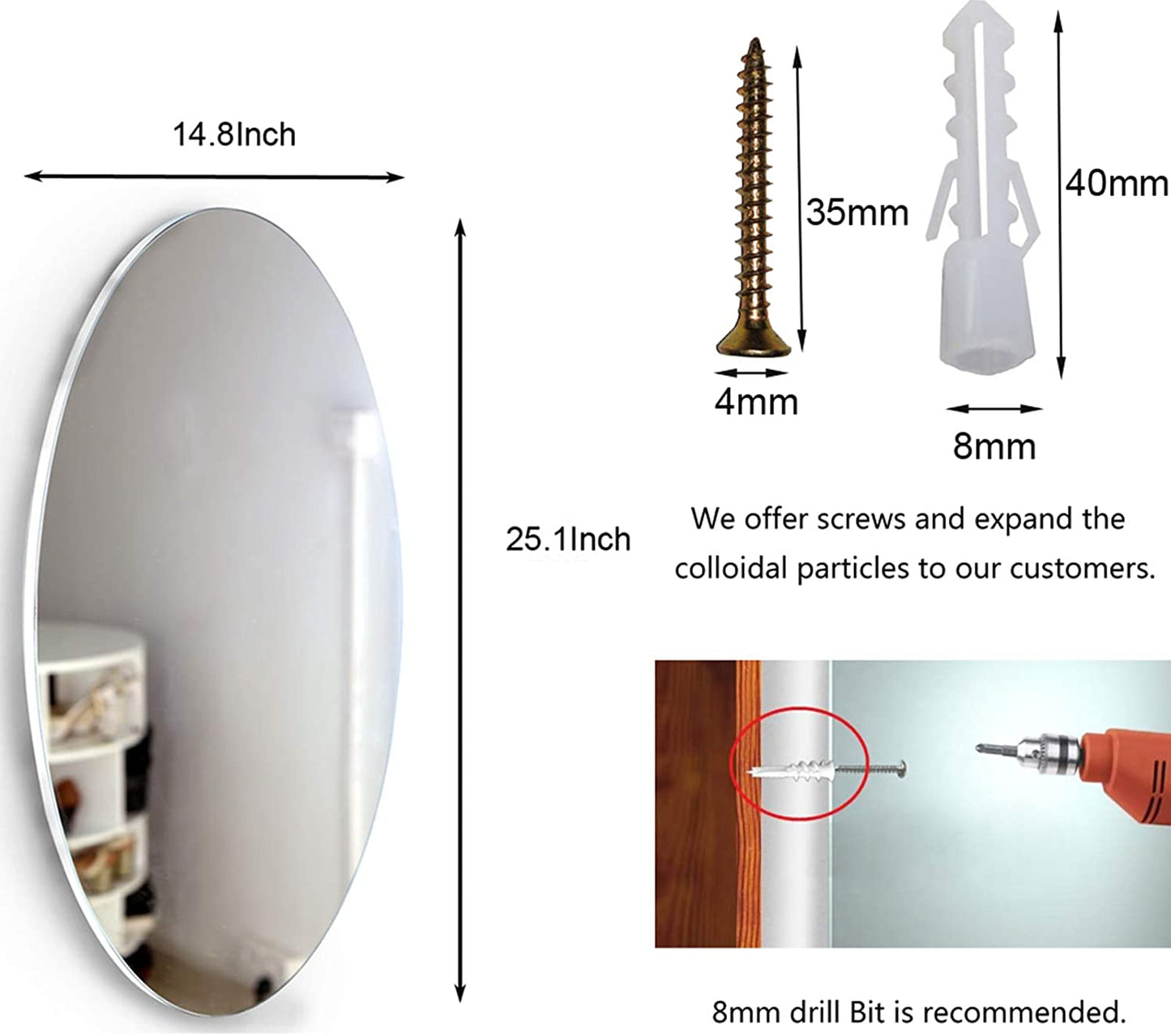 Frameless Beveled Wall Mounted Bathroom Mirror, HD Makeup Mirror, 25" Round Mirror by Dropsure