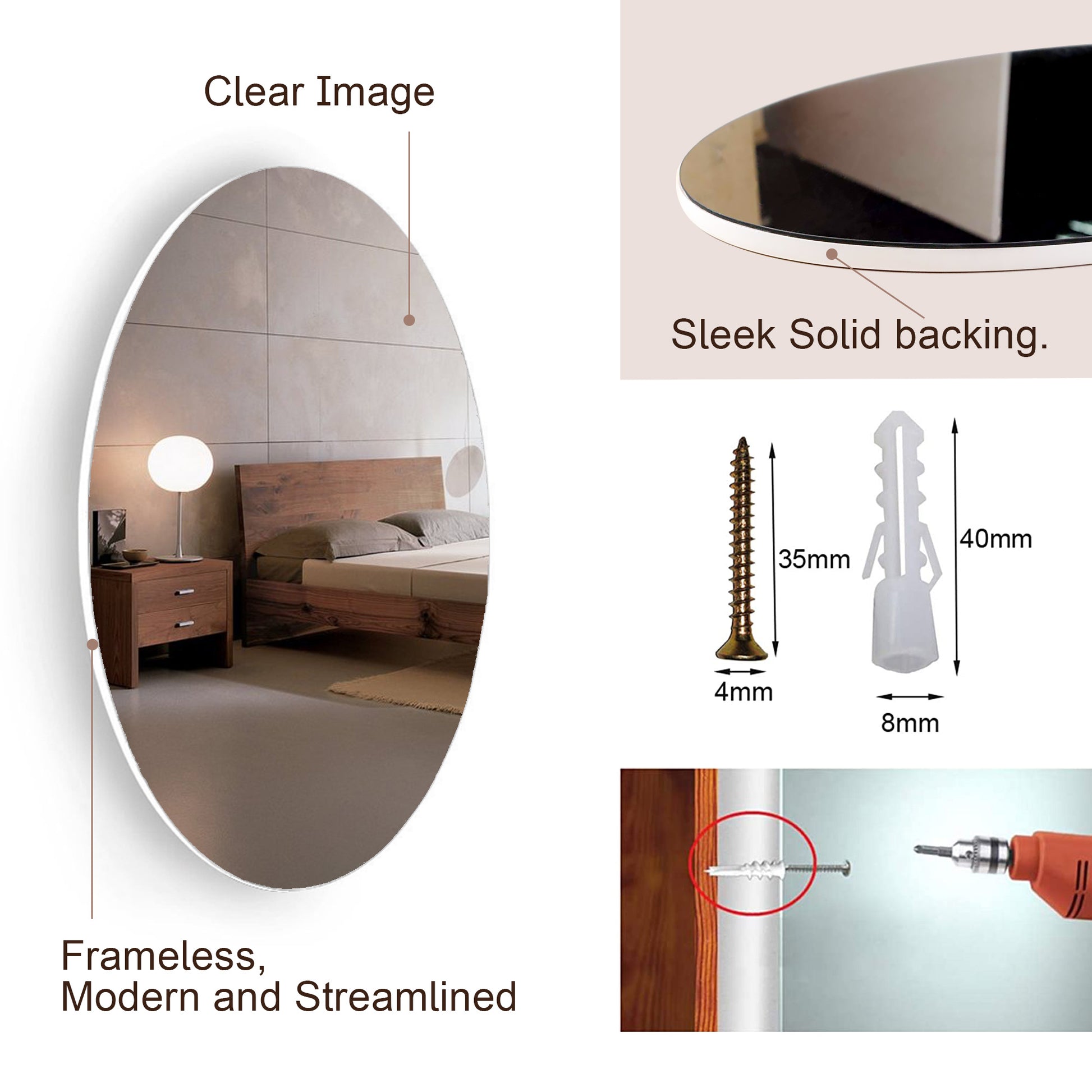 Frameless Beveled Wall Mounted Bathroom Mirror, HD Makeup Mirror, 25" Round Mirror by Dropsure
