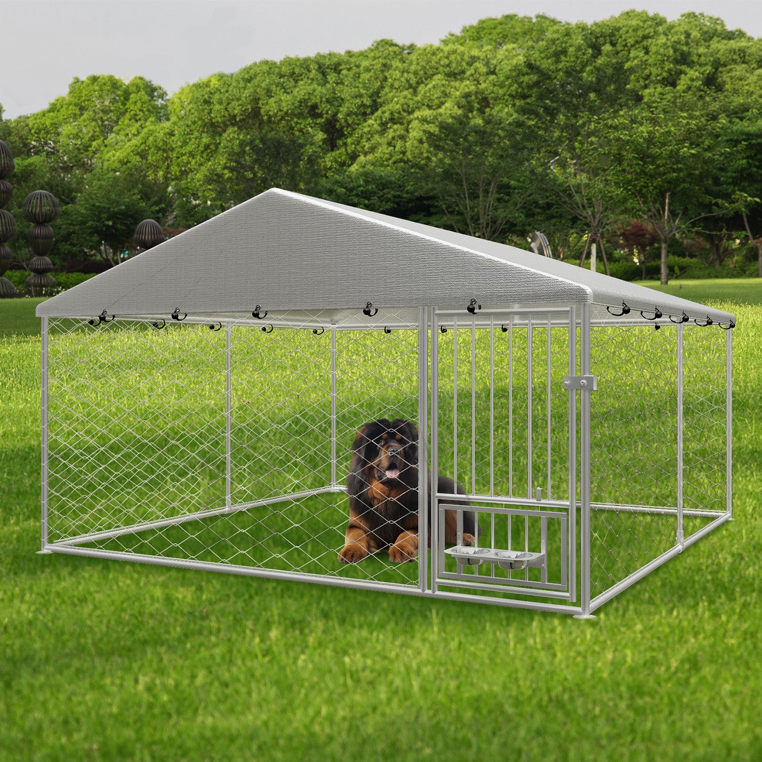 Large outdoor kennel, heavy duty outdoor fenced dog cage with swivel feeder, outdoor dog playpen with waterproof UV protection cover and safety lock,10' W x 10' D x 5' H. by Dropsure