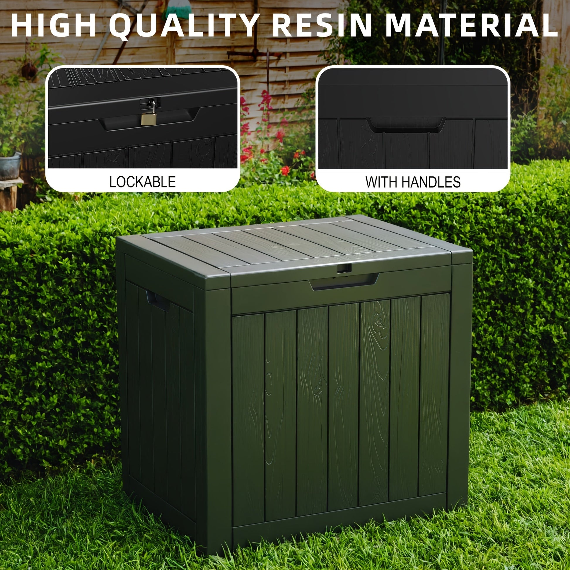 35 Gallon Outdoor Resin Storage Box – Black/Wood Grain by DailySale