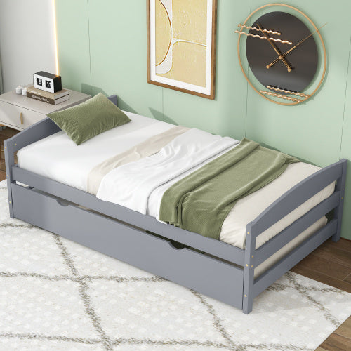 Twin Size Platform Bed With Twin Size Trundle, Gray