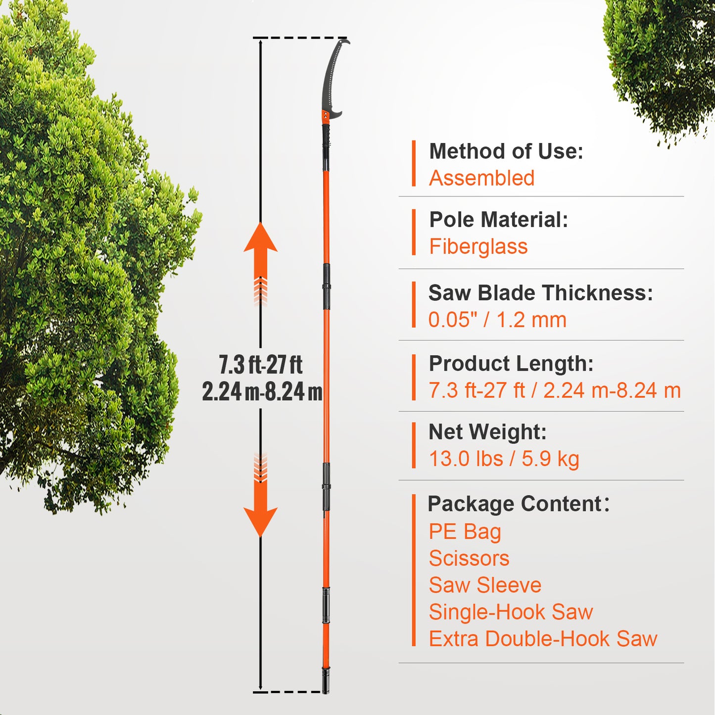 VEVOR Manual Pole Saw, 7.3-27 Ft Extendable Tree Pruner, Sharp Steel Blade And Scissors High Branches Trimming, Branch Trimmer With Lightweight 8 Fiberglass Handles, For Pruning Palms And Shrubs