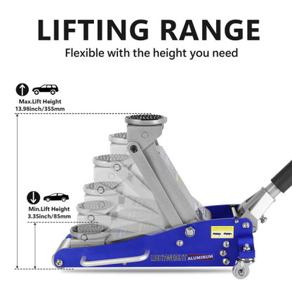 Hydraulic Low Profile Aluminium Steel Racing Floor Jack With Twin Piston Quick Lift Pump With 1.5 Ton Capacity