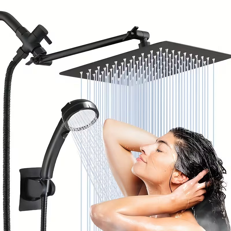 High-Pressure Shower Head with Handheld Spray - Combination Shower System, 9-Spray Settings (Rain & Handheld), Leak proof Shower heads with Flexible Hose & Bracket, Adjustable Height/Angle, Stainless Rainfall Shower head Suitable for Modern Bathrooms
