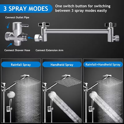 High-Pressure Shower Head with Handheld Spray - Combination Shower System, 9-Spray Settings (Rain & Handheld), Leak proof Shower heads with Flexible Hose & Bracket, Adjustable Height/Angle, Stainless Rainfall Shower head Suitable for Modern Bathrooms