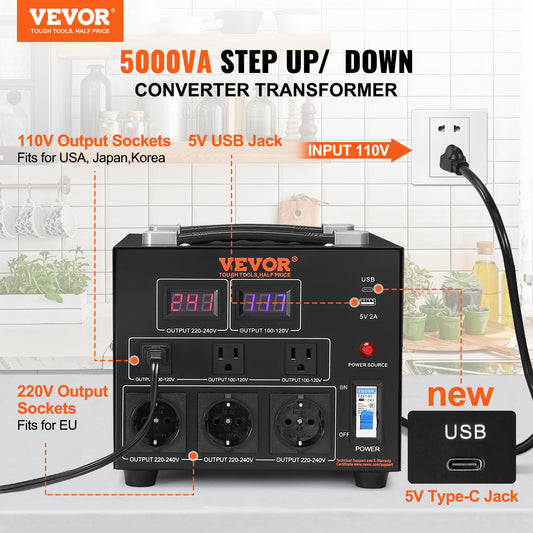 VEVOR Voltage Converter Transformer, 5000W, Heavy Duty Step Up Down Transformer, Convert From 110 Volt To 220 Volt And  From 220 Volt To 110 Volt, With US Outlet EU Outlet 5V USB Port, CE Certified