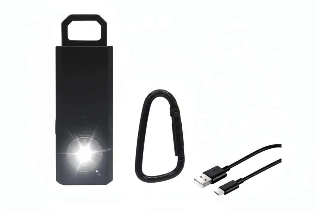 Black portable light with carabiner and USB cable on a white background