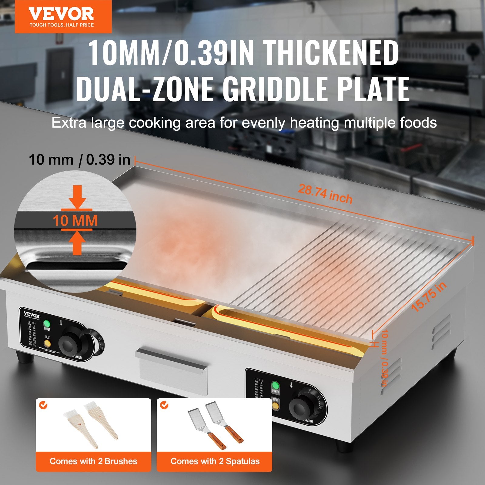 Commercial Electric Griddle, 2800W Countertop Half-Flat Top Grill, 122℉-572℉ Adjustable Temp, 28.74x15.75x0.39in Stainless Steel Griddle Grill with 2 Shovels and 2 Brushes for Home or Restaurant by Dropsure