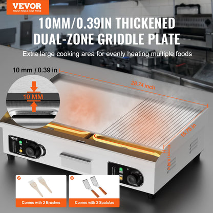 Commercial Electric Griddle, 2800W Countertop Half-Flat Top Grill, 122℉-572℉ Adjustable Temp, 28.74x15.75x0.39in Stainless Steel Griddle Grill with 2 Shovels and 2 Brushes for Home or Restaurant by Dropsure