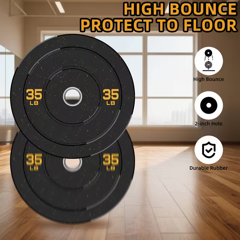 260lbs 2 Inch High Bounce Pro Bumper Plates, Weight Plates Set, Rubber Weight Plates, Steel Inserts - High Bounce Floor Protection For Home, Garage Gym, Multiple Weight Options