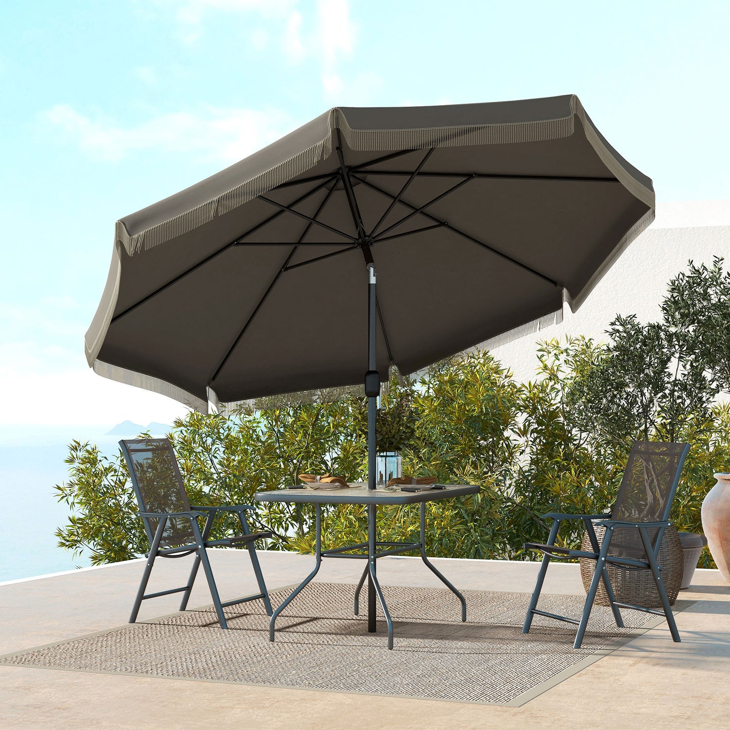 Outsunny 9ft Patio Umbrella with Push Button Tilt and Crank, Ruffled Outdoor Market Table Umbrella with Tassles and 8 Ribs, for Garden, Deck, Pool, Dark Gray by Dropsure