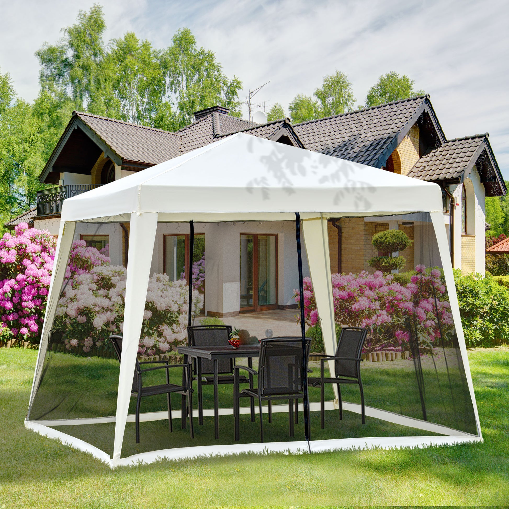 Outsunny 10'x10' Outdoor Canopy Tent, Slant Leg Sun Shelter with Mesh Sidewalls, Patio Tents for Parties, Cream White by Dropsure