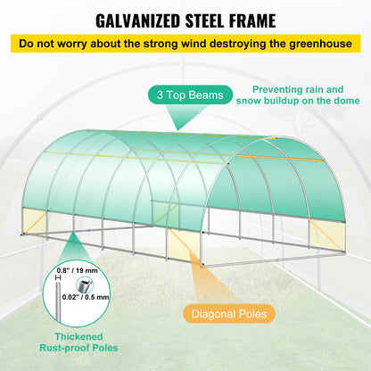 VEVOR Walk-in Tunnel Greenhouse, 20 X 10 X 7 Ft Portable Plant Hot House W Galvanized Steel Hoops, 3 Top Beams, Diagonal Poles, 2 Zippered Doors & 12 Roll-up Windows, White