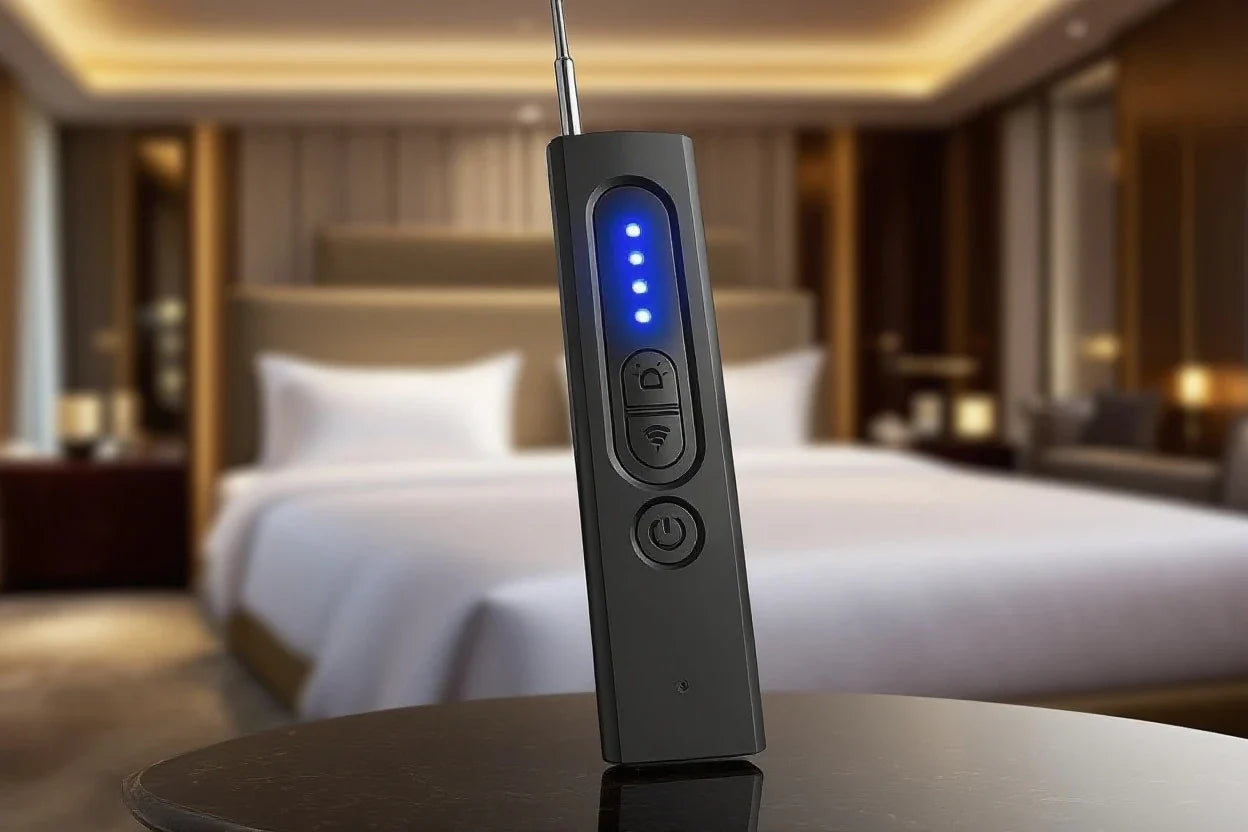 Spystopper Pro anti-spy detector with adjustable sensitivity and LED indicators on hotel room table