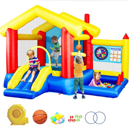 8 In 1 Inflatable Bounce House With Blower Basketball Hoop Ocean Balls Ring-toss Game Target And Sticky Ball Game For Kids