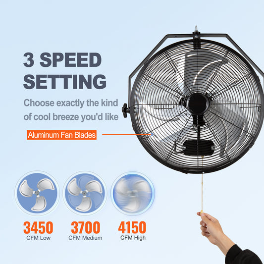 VEVOR Wall Mount Fan, 18 Inch, 3-speed High Velocity Max. 4150 CFM, Waterproof Industrial Wall Fan, Commercial Or Residential For Warehouse, Greenhouse, Workshop, Patio, Black, ETL Listed