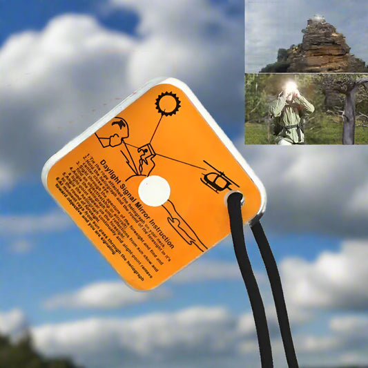 Hand holding an orange distress signal mirror with inset images of its use.
