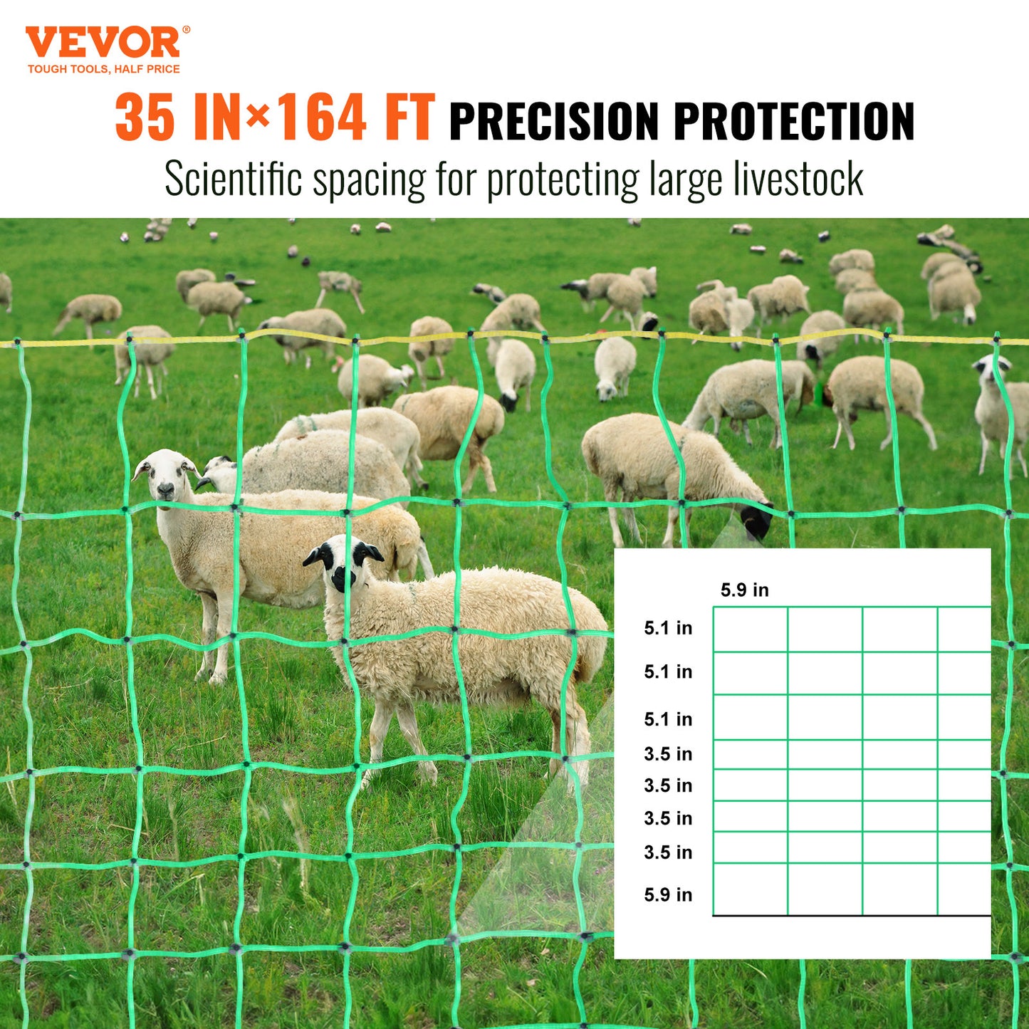 VEVOR Electric Fence Netting, 35 H X 164inch L, PE Net Fencing With Posts & Double-Spiked Stakes, Utility Portable Mesh For Goats, Sheep, Lambs, Deer, Hogs, Dogs, Used In Backyards, Farms, And Ranches