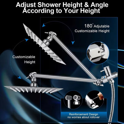 High-Pressure Shower Head with Handheld Spray - Combination Shower System, 9-Spray Settings (Rain & Handheld), Leak proof Shower heads with Flexible Hose & Bracket, Adjustable Height/Angle, Stainless Rainfall Shower head Suitable for Modern Bathrooms