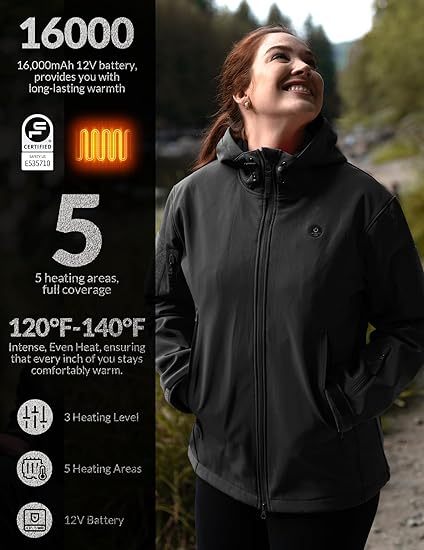 Heated Jacket For Women, ANTARCTICA GEAR Winter Coat With 12V 16000mAh Battery Pack, Soft Shell Heating Hood Jacket