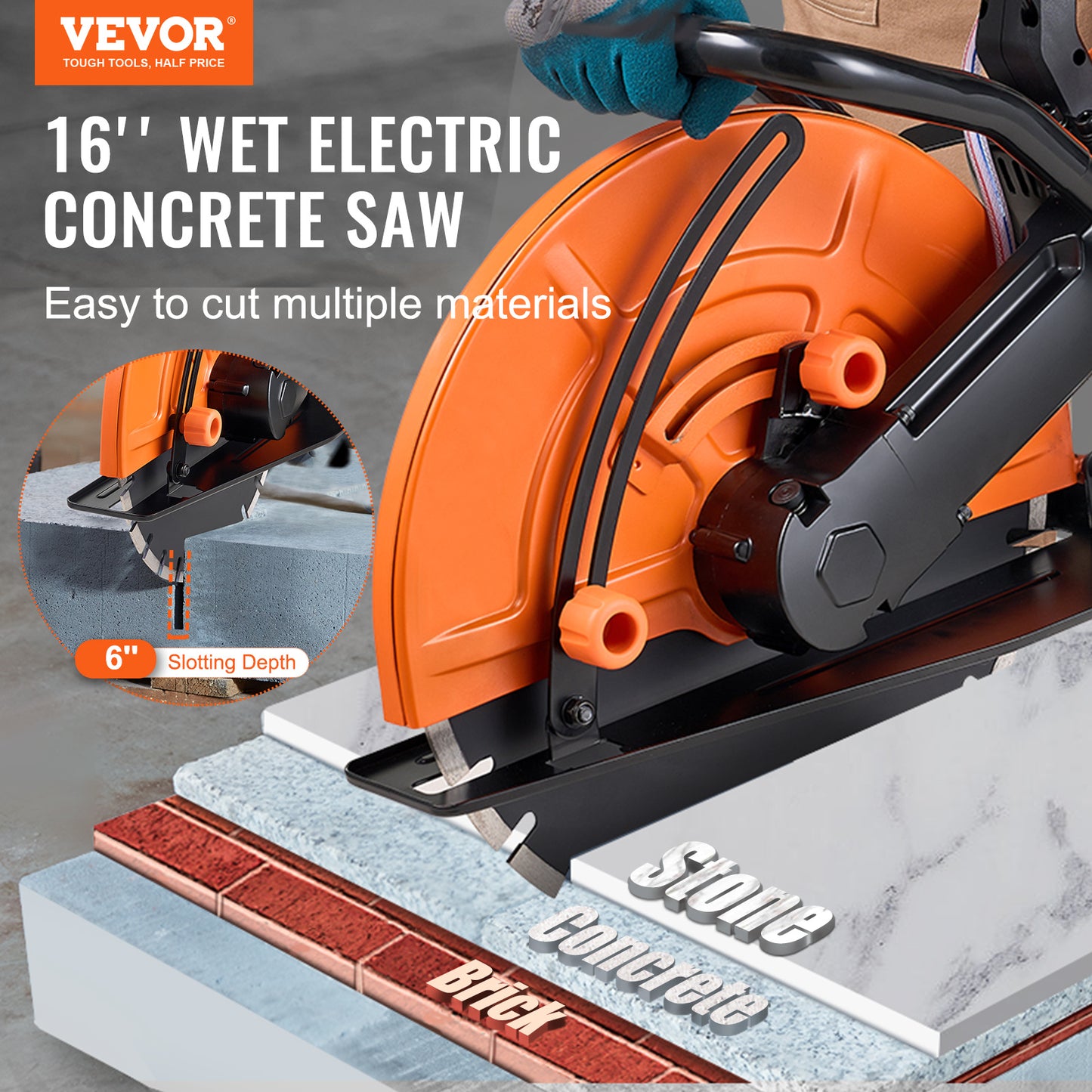 VEVOR Electric Concrete Saw, 16 In, 3200 W 15 A Motor Circular Saw Cutter With Max. 6 In Adjustable Cutting Depth, Wet Disk Saw Cutter Includes Water Line, Pump And Blade, For Stone, Brick