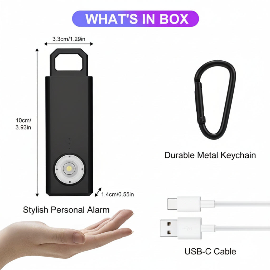 Product packaging with a personal alarm, keychain, USB-C cable, and dimensions displayed.
