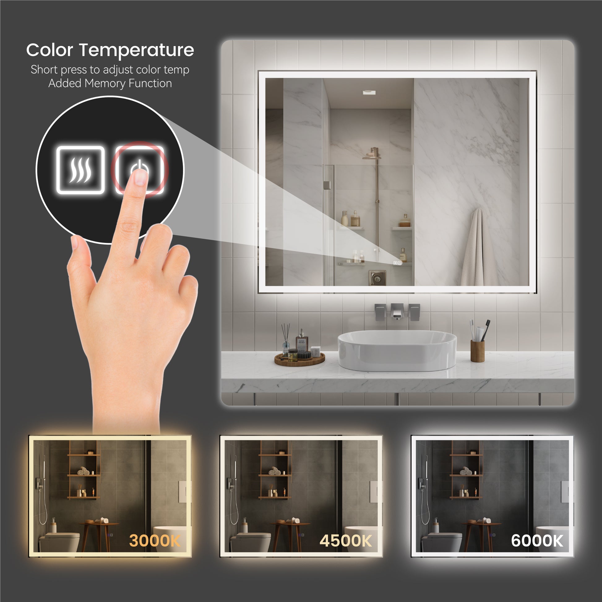 60"x48" Modern LED Smart Mirror with Hiden Light Bathroom Mirror, Front Lit & Back Lit With 3 Color Adjustable, Memory Function, Anti-Fog, Time Mode Control by Dropsure