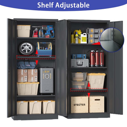 Metal Garage Storage Cabinet, Black Tool Steel Locking Cabinet With Doors And 3 Shelves