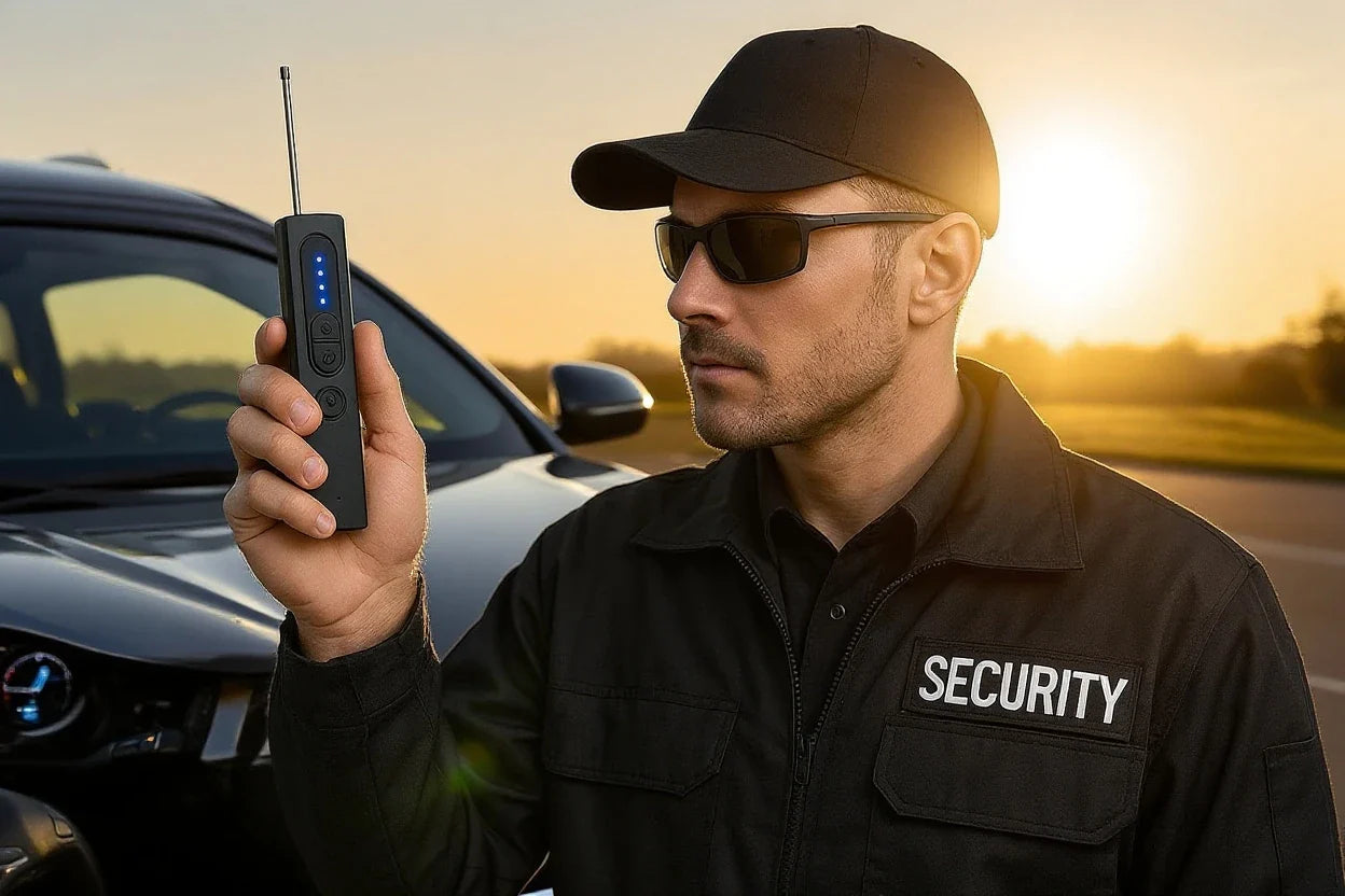 Security guard in black uniform holding Spystopper Pro anti-spy surveillance detector device outdoors at sunset near a black car