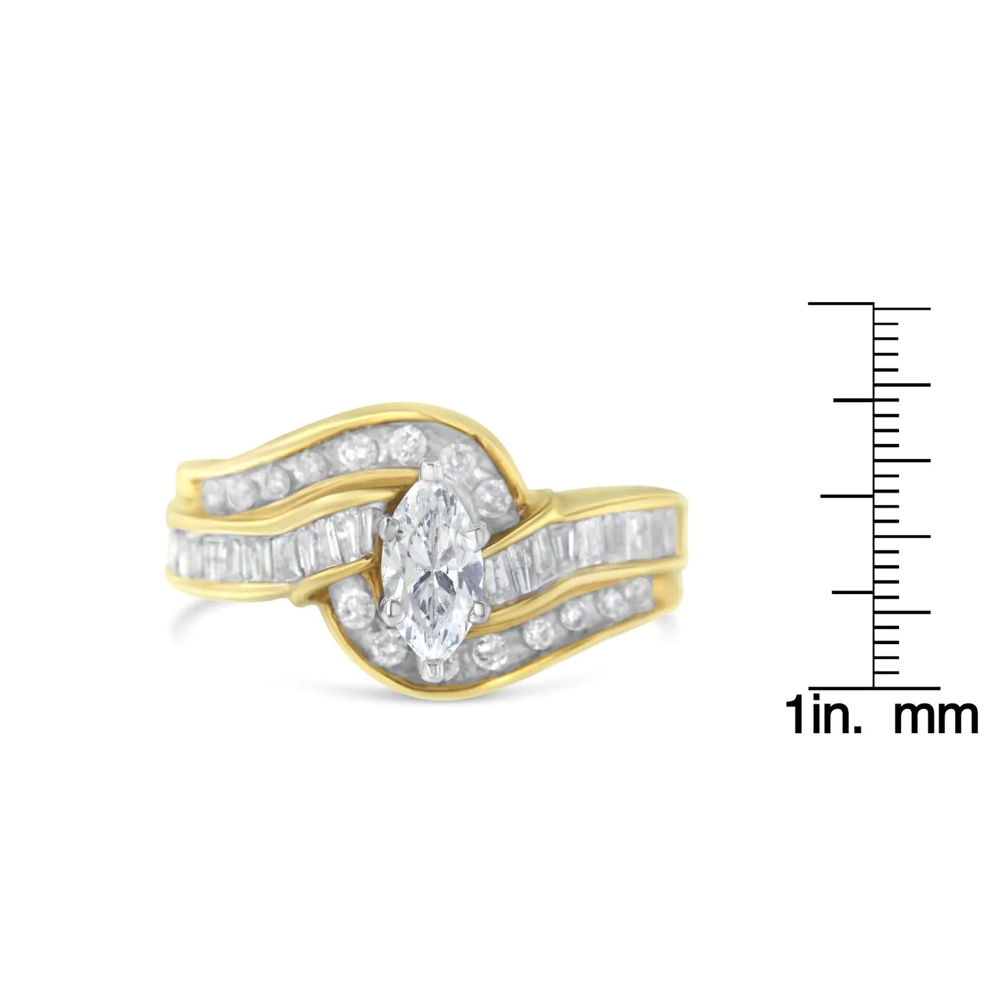 14KT Two-Toned Gold Marquise, Baguette and Round Cut Diamond Bypass Ring (1 cttw, H-I Color, SI1-SI2 Clarity) () - Anti Spier 