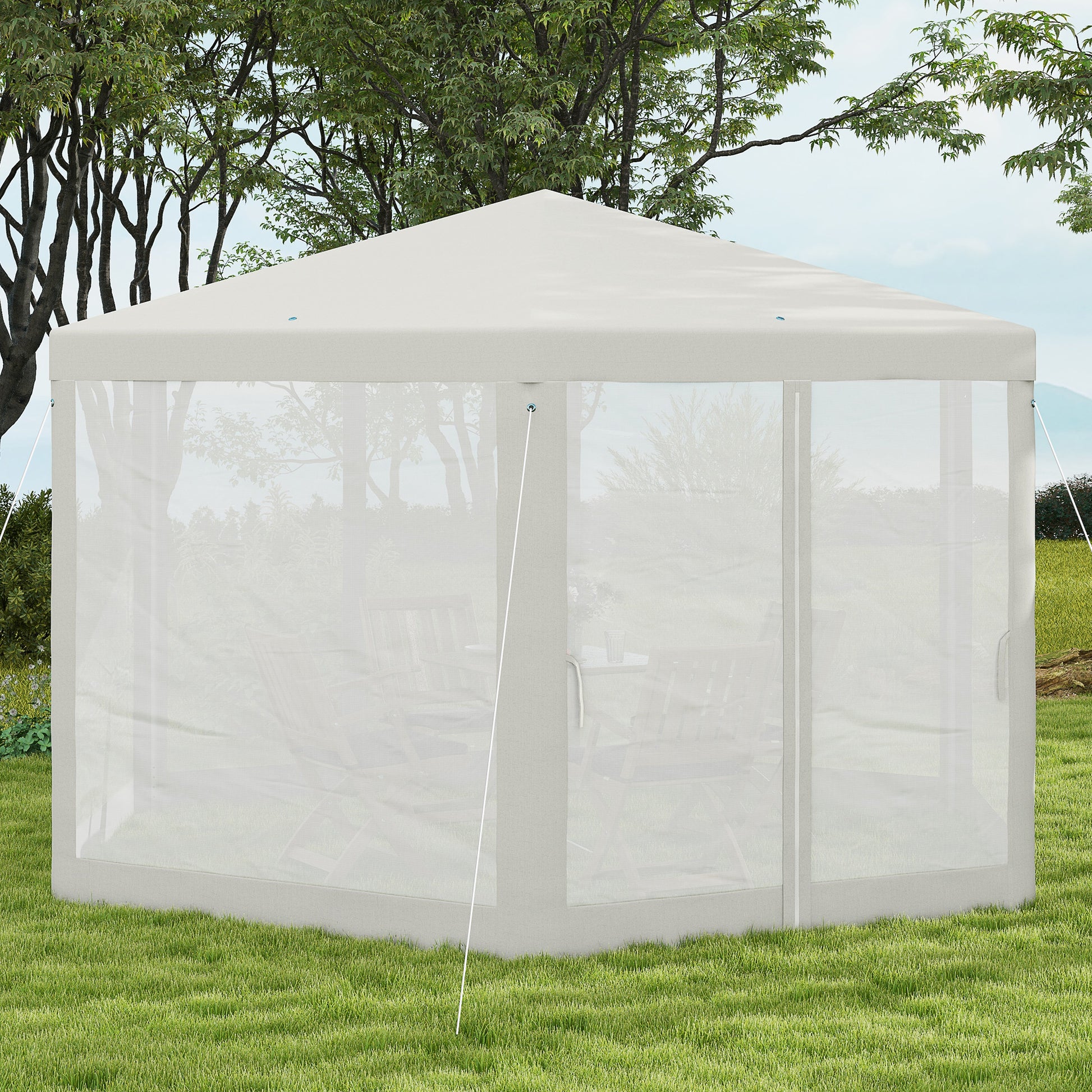 Outsunny 13ft x 11ft Outdoor Party Tent, Hexagon Sun Shade Shelter Canopy with Protective Mesh Screen Sidewalls, Ropes & Stakes, Cream White by Dropsure