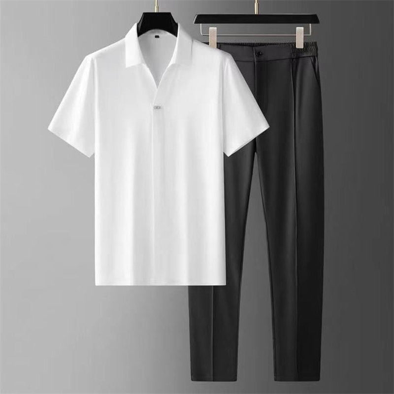 Ultra-thin high-end seamless laminated short-sleeved shirt for men's business and casual two-piece set