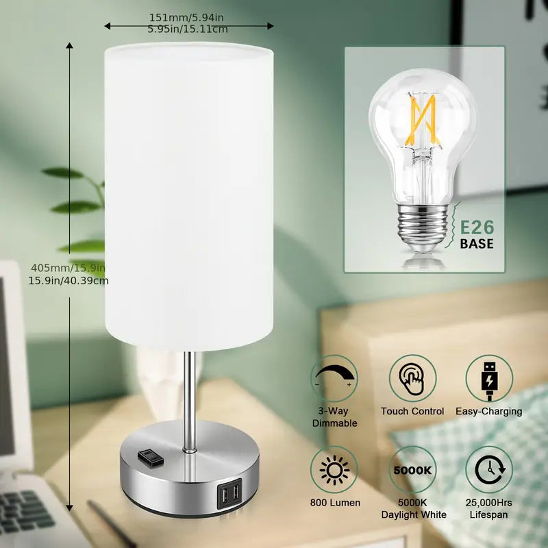 2 Pack Touch Control Table Lamps With USB Ports & AC Outlet, 3 Way Dimmable Bedside Lamps With Fabric Shades, A19 LED Bulbs Included, Perfect For Bedroom, Living Room, Reading