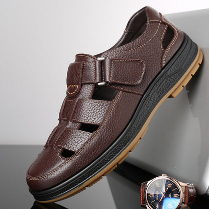 A pair of comfortable soft leather perforated cool sandals for men in summer